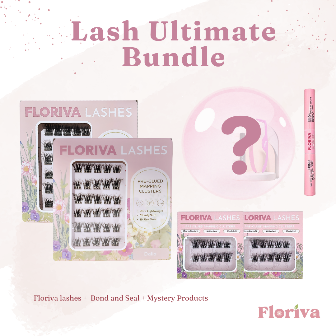 Lash Ultimate Bundle - 2 Full pack pre-glued lashes + 2 Travel Pack + Bond & Seal Glue + FREE GIFT, Tweezers, Eyelashes Glue, Bond&Seal, Remover, Floriva Lashes