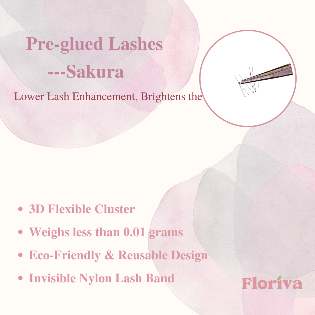 Bottom Pre-gleud Lashes, Natural Looking Lash, Sakura Style: 1 Full Packed Bottom Lashes + 1 Freebies - Luxury lashes by Floriva . Soft & fluffy. Self adhesive. Eyelash Extension Daily Gentle Makeup, Underlash Style Cosmetic, Lashes Kit Set